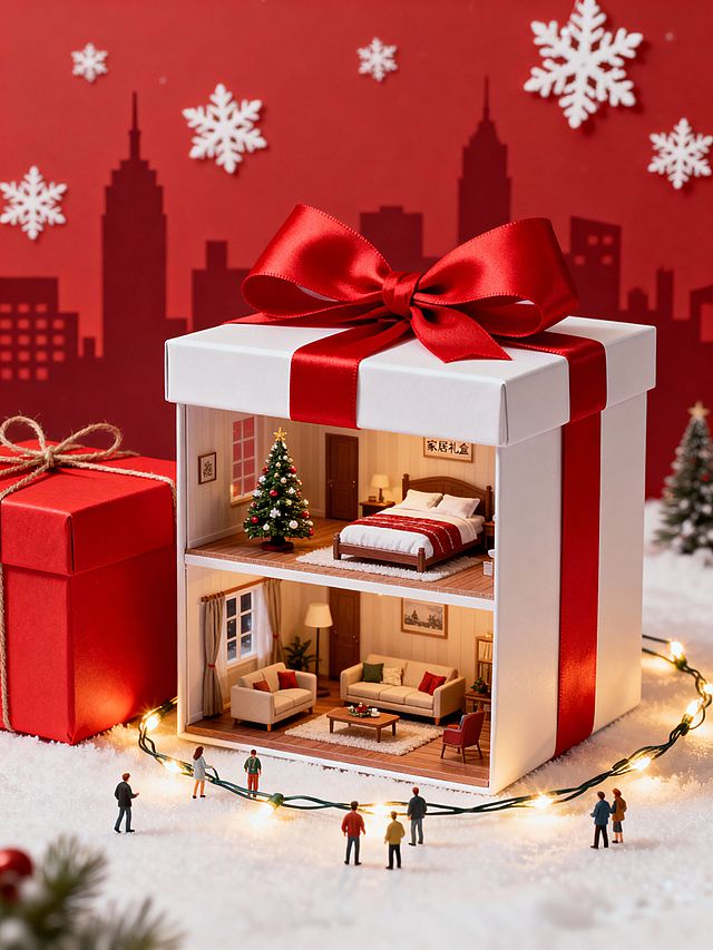 主体是一个礼物盒形状的“家居礼盒” 模型，顶部系着巨型红色蝴蝶结，内部是两层温馨的家居场景（一层有客厅、二层有卧室），点缀着迷你圣诞树，左侧搭配一个同色系的大红色礼物盒，底部环绕着暖光圣诞灯串；背景是红色城市剪影，点缀白色雪花装饰。