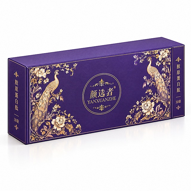 根据提供的包装刀版图，生成颜选者品牌胶原蛋白保健品长方形包装盒3D效果图。扁长条形纸盒，深紫色，正面中央金色圆形徽章式"颜选者"logo，上下对称法式复古花鸟图案角花，左右两侧竖排产品信息，标注"胶原蛋白肽"和"30袋"字样。白色背景，45度俯视，高端保健品包装，轻奢大气，纸质硬盒，商业摄影