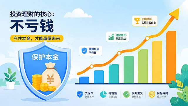 教育科普扁平插画，理财投资主题插图，展示递增的增长曲线，用盾牌保护本金的图案体现"不亏钱"理念，整体清晰简洁，明亮配色，适合财经教育文章配图