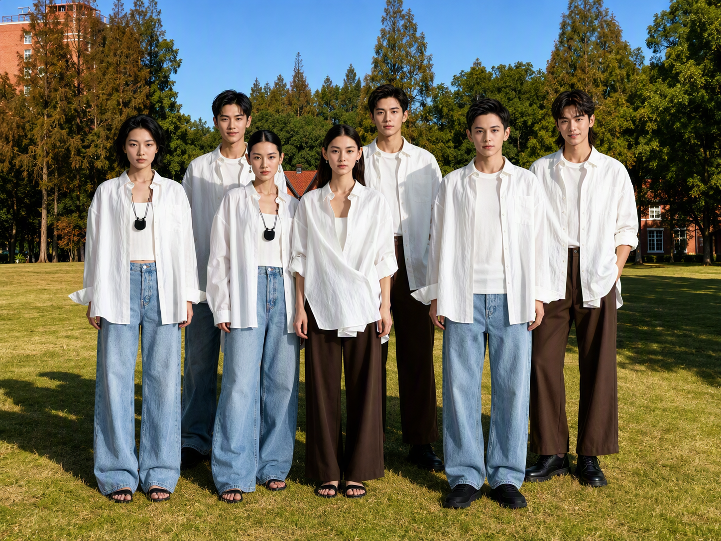 将图1到图8中的8位模特（4位女性、4位男性，均穿着白色衬衫搭… - 图片创意预览