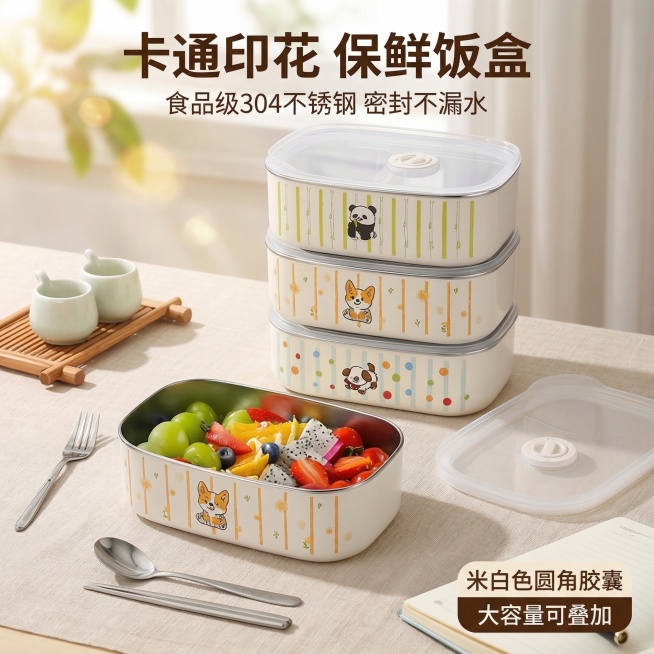 基于原图生成不锈钢饭盒电商主图，画面：打开的饭盒装满新鲜水果，另外三个叠放于旁，放置在暖米色亚麻餐布上，旁边搭配银色餐具和笔记本，背景是明亮窗户和绿植，光斑洒在产品上，主体产品居中占据画面55%，背景预览效果