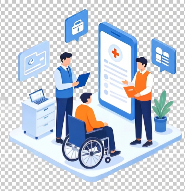 参照原图生成2.5D等距插画，内容为坐在轮椅上的用户和两名工作人员在大型手机界面旁办理社保相关业务，保留所有元素和风格，去除左下角的文字，设置图片背景底色为透明预览效果