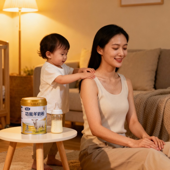 在家里面，宝贝正在给妈妈按摩，旁边放一个小桌子，桌子上有一罐多能羊奶粉和一个奶瓶预览效果