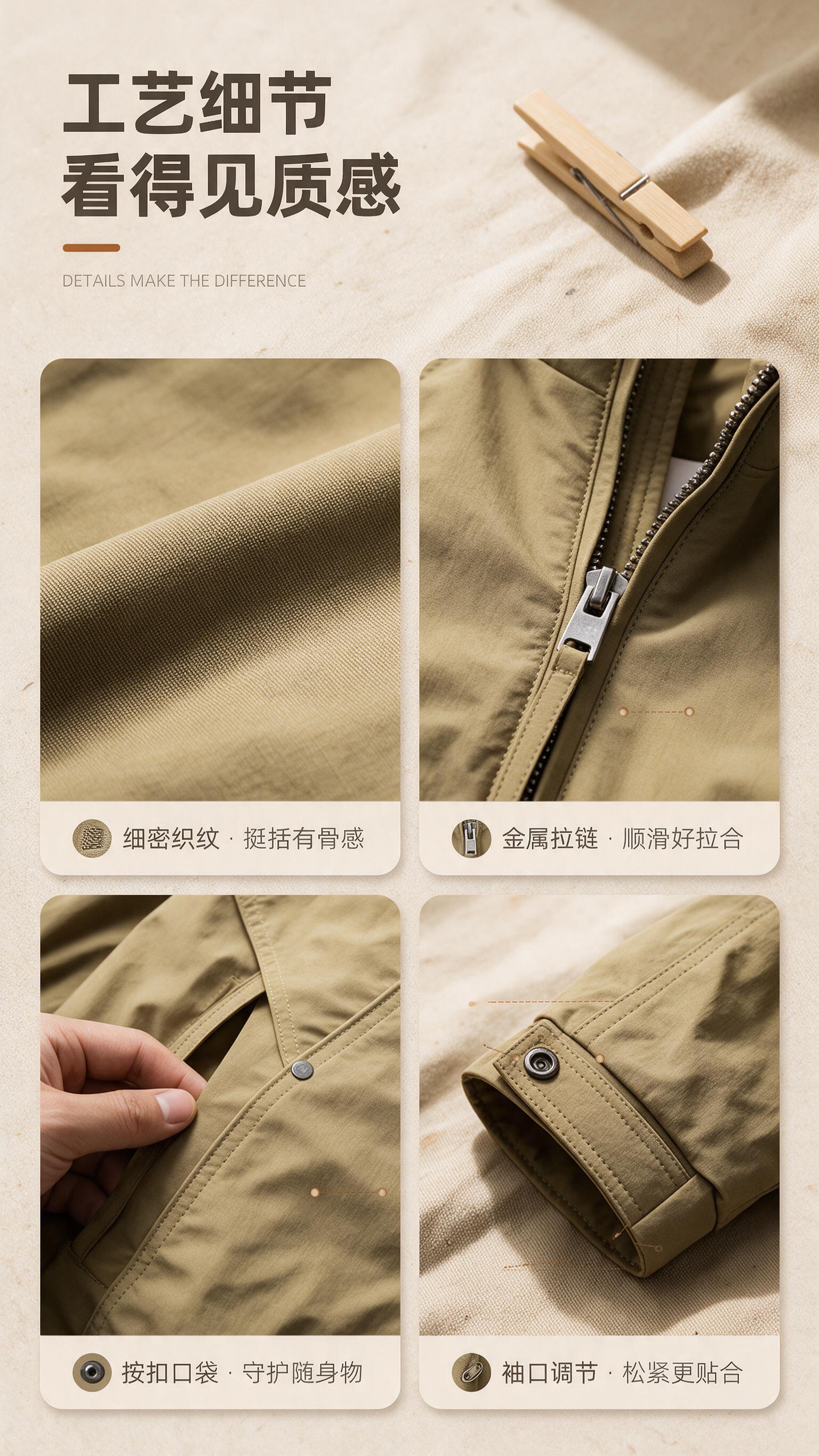 [商品] 使用【图1】卡其色立领多裁片休闲夹克外套；保留卡其面… - 图片创意预览