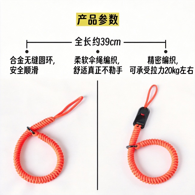 [单张主图] 橙色编织手机挂绳 爆款促销感主图，展示产品尺寸参数。
[参考比对] 参考图为产品参数标注图，版式为产品横向放置，顶部标题，产品全长直线尺寸标注，下方带三个引线说明卖点，简约白底风格。生成预览效果