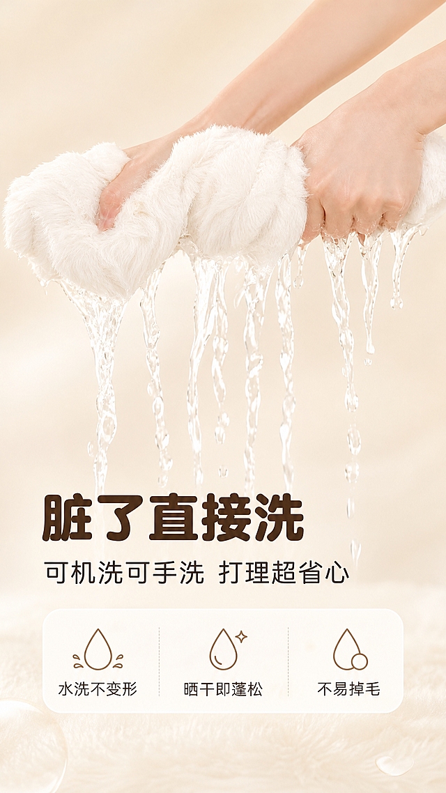 [商品] 使用【图3】双手拧干兔毛织物的水洗场景；保留浅卡其色兔毛材质、双手拧干的动作和水流效果；将织物颜色统一为奶白色系，增强水流的清澈透明感和毛绒湿水后的质感。
[画面] 易打理功能页，目标是展示可水洗、易清洁的产品优势。竖版构图，双手从左右两侧拧干地毯面料，清澈水流从织物中滴落，形成自然水线。背景为纯净浅米色渐变，突出主体动作。产品和手部占画面约60%。
[视觉] 套系策略：风格=温馨奶油风家居商业摄影；标题字=圆润粗黑体；正文字=简洁圆角无衬线体；主色=奶白米杏；背景延展=基于奶白米杏做深浅层级、同色渐变和细腻织物/墙面质感；强调色=奶茶棕，仅用于小面积图标、引线和标签；标题色=深暖棕；正文色=中暖灰；组件=圆角浅底信息卡、细曲线引线、软圆点装饰；光影=正面暖调柔光，水流有高光通透感，手部和织物有自然阴影。
[文字] 底部区域主标题"脏了直接洗"，副标题"可机洗可手洗 打理超省心"，下方3个短卖点"水洗不变形""晒干即蓬松""不易掉毛"，配圆角信息卡和水滴小图标。文字横排，不遮挡拧干动作和水流。
[规格] 图片比例9:16竖版，4K，避免变形、错字、文字过小、冷蓝灰调、水流浑浊、手部失真、毛绒质感差。