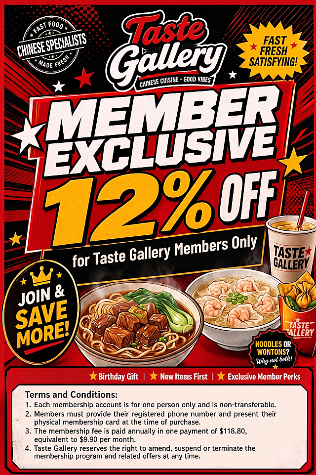 修改这张餐饮海报：将正中间文字改为大字MEMBER EXCLUSIVE 12% OFF，小字for Taste Gallery Members Only；删除Reward Points；简化条款为仅保留指定4条，删除第5条；保留原排版和美式复古快餐风格，字体和原图一致。