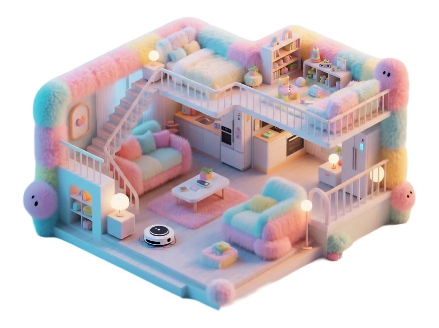 3D俯视全屋效果图，3室2厅1厨2卫2阳台户型，整体采用毛绒3D效果，家具家电智能化，现代简约风格，空间布局清晰，各房间功能分区明确，毛绒质感柔软蓬松，智能家电如扫地机器人、智能冰箱、智能灯具等细节可预览效果