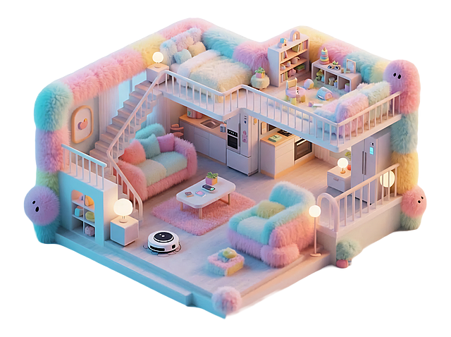 梦幻感与甜美感交织的软3D微缩艺术屋，毛发生长风墙面搭配卡通感家具，营造出温馨可爱的居家氛围，节日气息扑面而来。