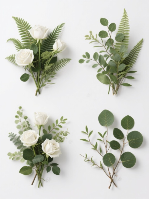 一组4个规整排布的花草素材，保持超写实主义风格，每个素材均为不同造型样式的花草组合，以白色为纯色背景，无任何文字、logo及水印。花草包含白色玫瑰花、多种绿色蕨类植物、细长绿叶枝条和圆形叶片等元素，具有清晰的叶脉纹理、自然的枝叶形态和真实的光影效果，呈现出细腻的材质感和立体感，整体构图饱满且富有层次。预览效果