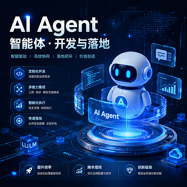 科技风主图，展示AI Agent智能体开发服务，文字标注「AI Agent智能体·开发与落地」，深色科技感背景，科技元素点缀，简约科技风