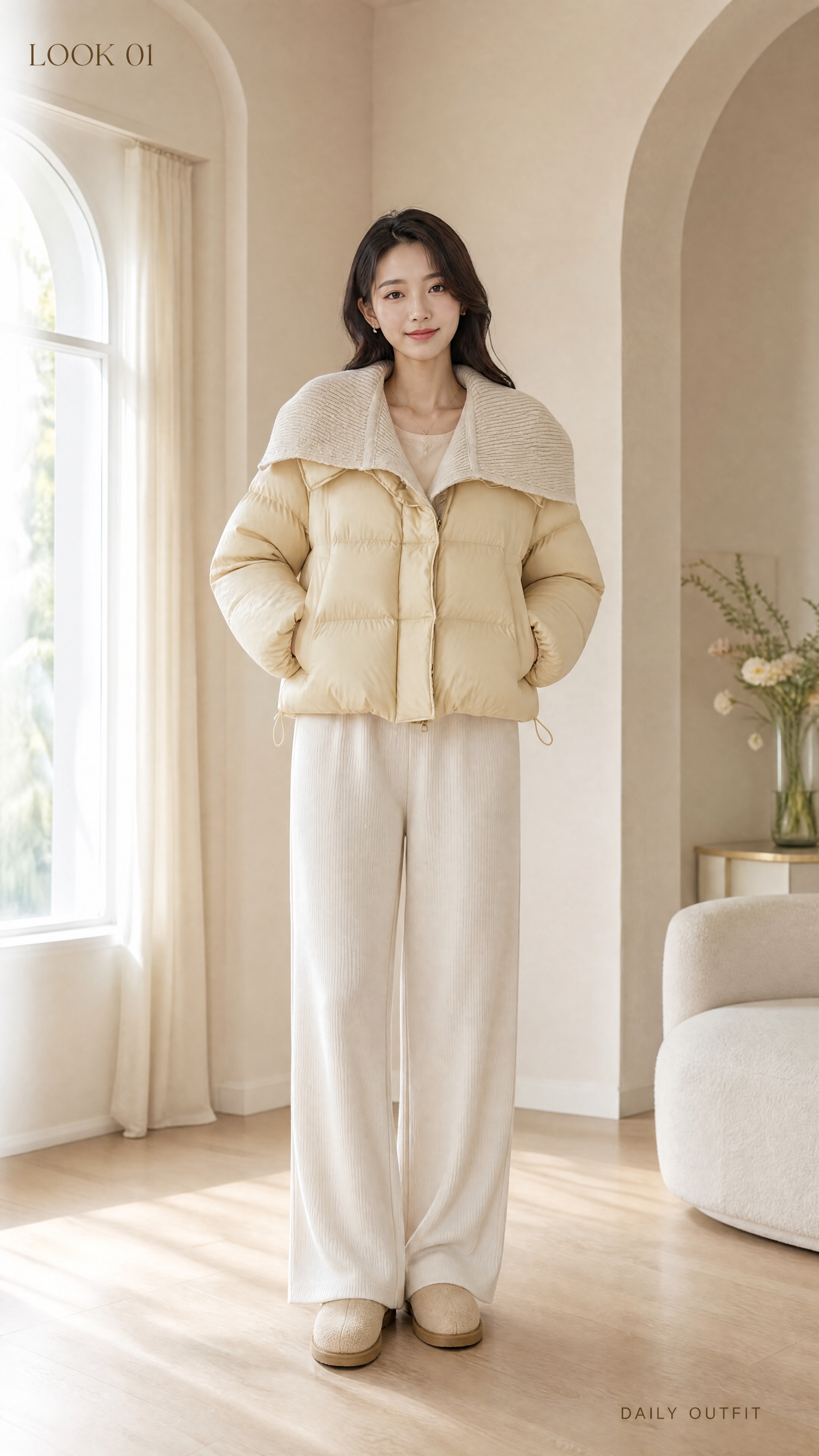 [商品] 使用【图1】奶黄色针织大翻领短款羽绒服；商品处理：保… - 图片创意预览