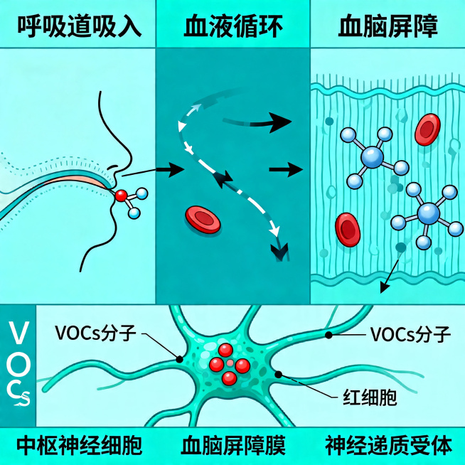 科普示意图展示挥发性有机物VOCs引起中枢神经系统急性中毒的原理，呈现VOCs影响中枢神经的路径，科学标注关键位置，风格为干净的科普插画预览效果