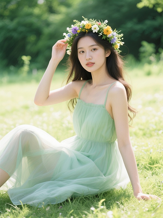 在阳光明媚的户外场景中，一位长相不同的年轻女子，她有着全新样貌，戴着由不同种类花朵编织的精致花环，穿着风格变换的浅绿色系连衣裙，裙摆材质轻盈飘逸，她以全新的姿势坐在草地上，一手轻抚长发，另一手自然垂落，背景是郁郁葱葱的绿色植被，整体画面呈现出清新自然的氛围，光线明亮柔和，色彩饱和度适中，具有高度写实的摄影质感，光影层次丰富，细节清晰。