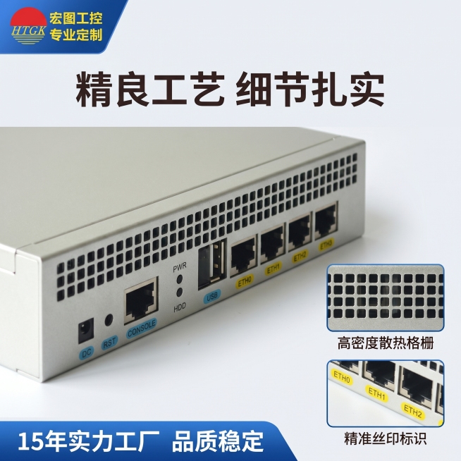 「图片1」「图片1」，生成一套主图（5张），商品名称是四网口J1900软路由机箱迷你9寸工控机箱网安防火墙设备外壳，卖点是15年实力厂家，风格是工业风，适配1688平台，主图比例为1:1预览效果