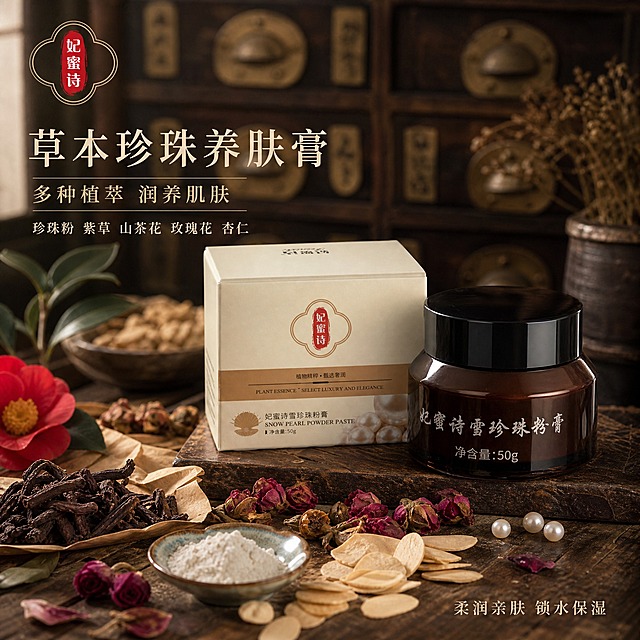 [主图-1] 中药草本珍珠粉膏首图，突出植物草本中药成分与产品质感，小红书1:1封面风格。
[统一基调] 整体中药国风古朴质感，主色调深棕褐色+米杏色+暗绿色点缀，主标题用宋体风格细衬线字体，深棕色标题字，米杏色辅助字，强调色用暗朱砂红，整体氛围像老药铺中药柜前的静物摄影，温润柔光，高级有质感。
[画面] 产品妃蜜诗雪珍珠粉膏（深棕色玻璃罐+黑色盖子，旁边米白色包装盒）居中偏右摆放，占画面约55%。左侧和背景布置真实中药草本原料：晒干的紫草、山茶花、玫瑰花、杏仁片、珍珠粉小瓷碟、几味深褐色干枯草本药材散落在古朴木质药柜台面上，部分药材用棉纸小包摆放，营造中药铺抓药的氛围感。背景是虚化的中式中药柜抽屉，隐约可见铜拉手。产品前方散落少量珍珠和干花瓣。整体构图饱满，产品清晰突出，草本元素环绕但不遮挡产品主体。
[光影质感] 商业静物摄影质感，左侧柔和窗光主光，右侧弱补光，产品玻璃罐有自然高光反射，木质台面有柔和接触阴影，整体暖调温润，中药草本纹理清晰可见。
[配色] 深棕褐色主背景，米杏色产品包装，暗绿色叶片点缀，暗朱砂红强调色，整体低饱和古朴中药色调。
[文字版式] 左上角放品牌Logo「妃蜜诗」同款样式。主标题竖排或左上横排大字「草本珍珠养肤膏」，副标题「多种植萃 润养肌肤」。下方小字标注核心成分：珍珠粉 紫草 山茶花 玫瑰花 杏仁。右下角小字「柔润亲肤 锁水保湿」。文字放在负空间，不遮挡产品。
[输出要求] 1:1正方形，2K高清，文字清晰可读，产品外观与输入图一致，无变形错字，无水印无平台Logo，无生产厂家信息。