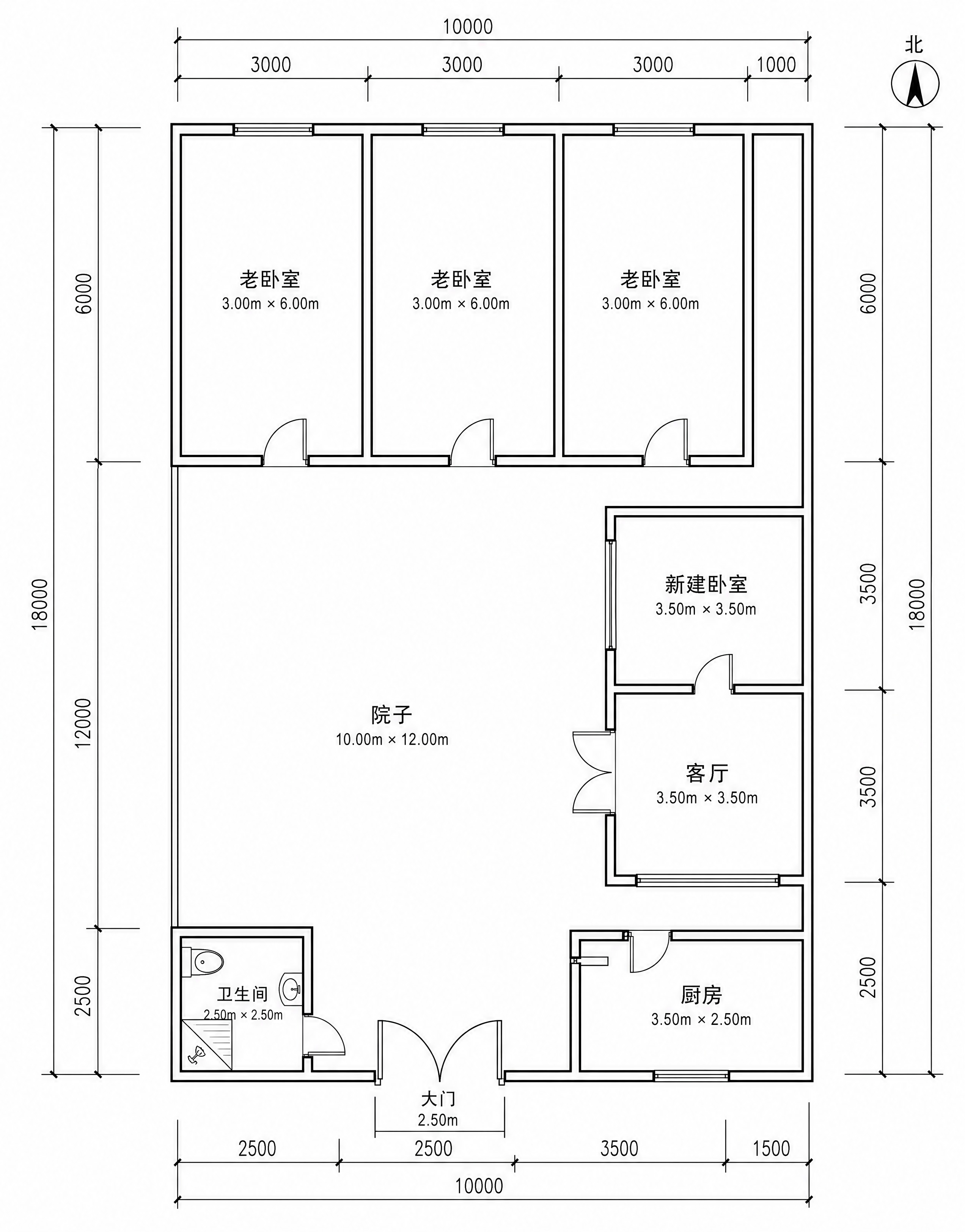 农村自建房平面布局施工图，俯视视角，CAD工程图风格，黑白线条… - 图片创意预览