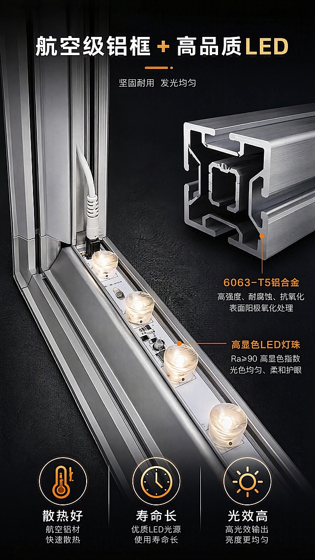 [第4张] 结构材质-SEG模块化灯箱铝框与LED内部结构解析。本张使用【图3】作为主体（灯箱底部LED灯条细节），【图1】右侧铝框作为辅助。
[氛围/风格] 工业技术风，深色背景突出金属与灯光质感，结构解析专业感。
[元素布局] 画面左侧放大展示灯箱底部角码连接处的LED灯条细节，占比约50%，清晰可见灯珠、透镜、铝槽、接线端子、电源线；右侧为铝框型材截面示意图，标注材质与工艺；底部横向排列三个材质卖点图标；铝框材质、灯珠排列、连接件结构与输入产品图一致。
[光影质感] 聚光式照明，灯珠发光清晰，铝框金属高光明显，深色背景衬托主体，细节锐利。
[配色色系] 全局底色 #1A1C20 深黑灰；主色银白金属+暖白灯珠光；辅助色橙色标注线+白色说明文字。
[视角构图] 左侧细节特写为主，右侧信息辅助，左右分栏布局，阅读动线顶部标题 → 左侧细节大图 → 右侧材质说明 → 底部卖点图标。
[文字版式] 版式为顶部标题 + 左侧结构特写 + 右侧材质标注 + 底部三卖点图标。主标题「航空级铝框 + 高品质LED」，副标题「坚固耐用 发光均匀」；右侧标注线指向铝框标注「6063-T5铝合金」，指向灯珠标注「高显色LED灯珠」；底部三图标：「散热好」「寿命长」「光效高」；文字清晰不遮挡关键结构。
[比例分辨率] 9:16 竖版比例，4K分辨率，文字清晰可辨，高清画质。
[负向提示词] 灯珠变形，结构错误，材质失真，文字过小，水印，产品模糊。
