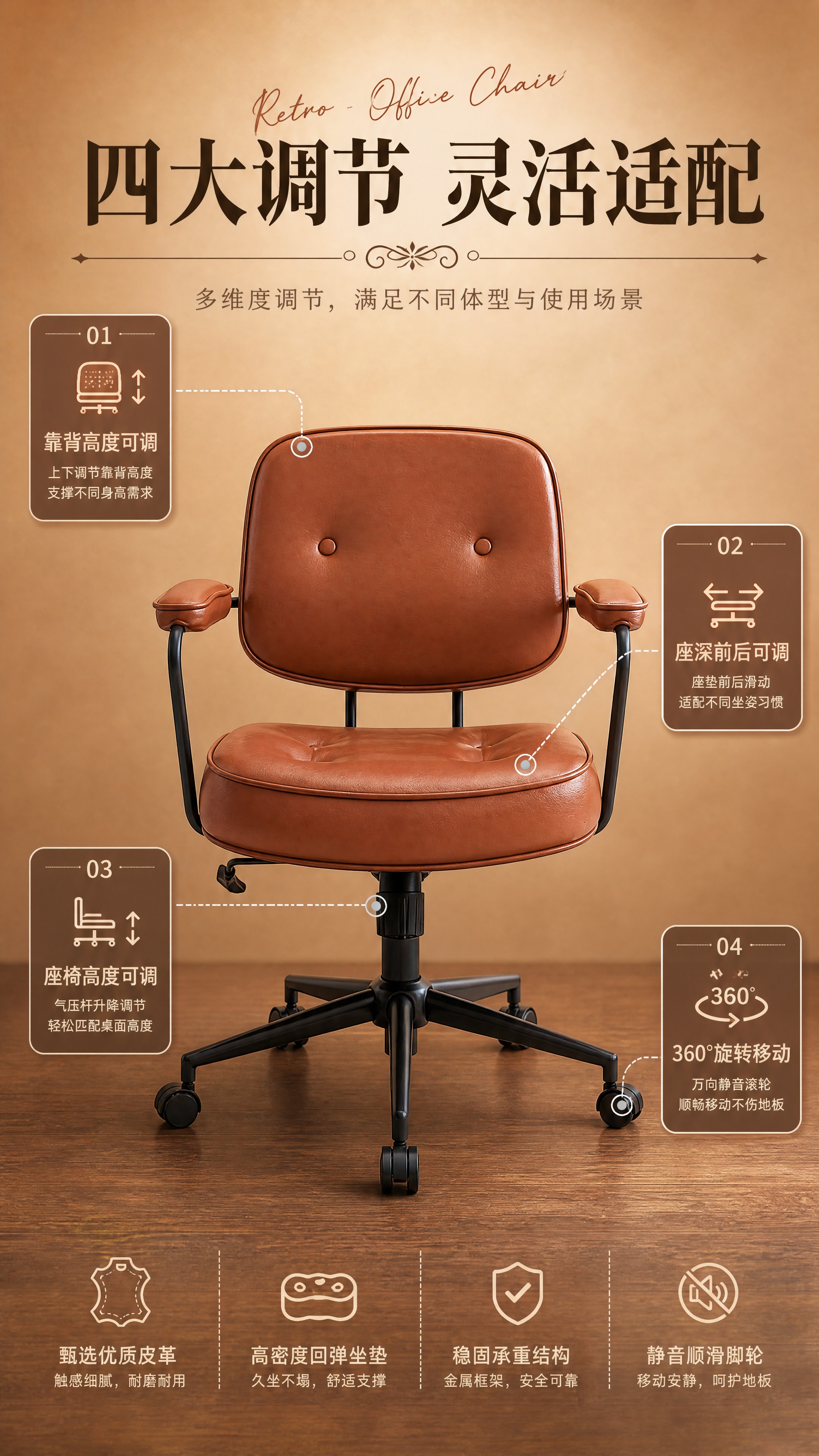 [商品] 使用【图8】焦糖棕办公椅正面视角；保留完整结构、拉扣… - 图片创意预览