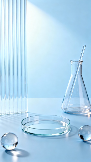 极简主义实验室风格背景，以柔和通透的浅蓝色为主色调，光线从左侧柔和照射，营造出明亮洁净的氛围。画面右侧放置一个透明玻璃锥形烧瓶，瓶口斜插一根细长玻璃搅拌棒，烧瓶底部有细微的反光。中央偏下位置是一个圆形透明玻璃培养皿，表面光滑且边缘锐利。左下角和右下角各有一个透明玻璃球体，球体表面反射出周围环境的光影。左侧背景是垂直排列的半透明条纹状玻璃结构，呈现出细腻的竖直线条纹理，整体画面采用高光泽度的3D……预览效果