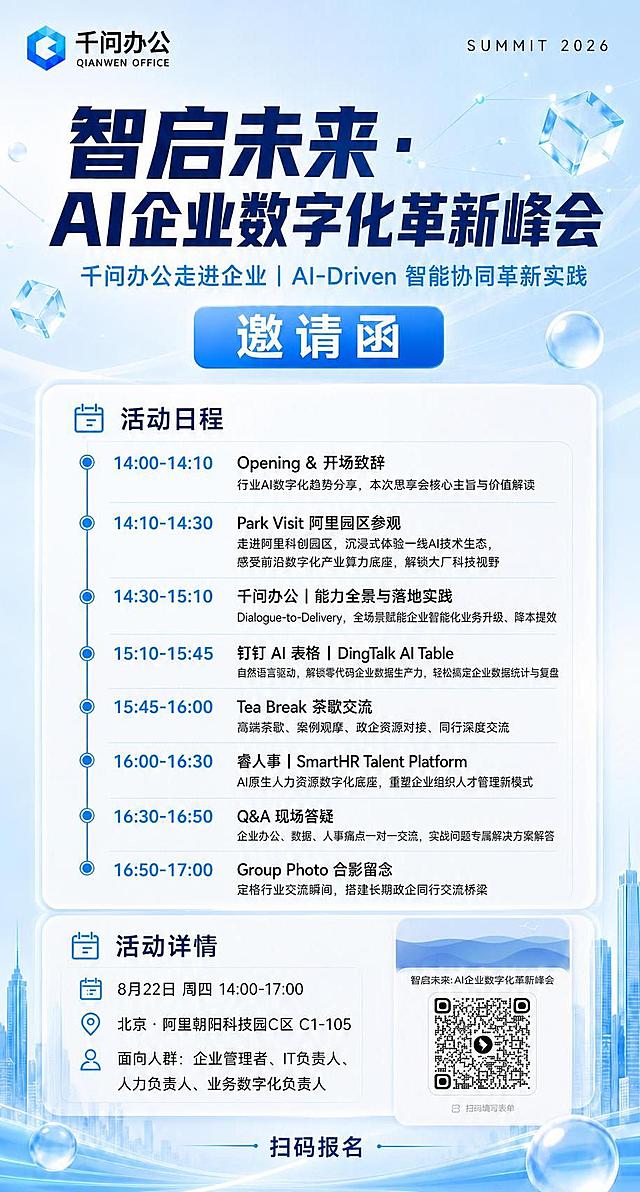 保持海报整体浅蓝商务科技风格、版式结构、配色、二维码、活动详情板块、标题、副标题、邀请函按钮等全部不变，仅修改活动日程板块的内容和时间，更新为以下8项议程，调整字号和间距使其完整适配原日程卡片区域：

活动日程（竖向时间轴，蓝色圆点+竖线）：
1. "14:00-14:10" 亮蓝色字 + "Opening & 开场致辞" 深灰色字 + 小字说明"行业AI数字化趋势分享，本次思享会核心主旨与价值解读"
2. "14:10-14:30" 亮蓝色字 + "Park Visit 阿里园区参观" 深灰色字 + 小字说明"走进阿里科创园区，沉浸式体验一线AI技术生态，感受前沿数字化产业算力底座，解锁大厂科技视野"
3. "14:30-15:10" 亮蓝色字 + "千问办公｜能力全景与落地实践" 深灰色字 + 小字说明"Dialogue-to-Delivery，全场景赋能企业智能化业务升级、降本提效"
4. "15:10-15:45" 亮蓝色字 + "钉钉 AI 表格｜DingTalk AI Table" 深灰色字 + 小字说明"自然语言驱动，解锁零代码企业数据生产力，轻松搞定企业数据统计与复盘"
5. "15:45-16:00" 亮蓝色字 + "Tea Break 茶歇交流" 深灰色字 + 小字说明"高端茶歇、案例观摩、政企资源对接、同行深度交流"
6. "16:00-16:30" 亮蓝色字 + "睿人事｜SmartHR Talent Platform" 深灰色字 + 小字说明"AI原生人力资源数字化底座，重塑企业组织人才管理新模式"
7. "16:30-16:50" 亮蓝色字 + "Q&A 现场答疑" 深灰色字 + 小字说明"企业办公、数据、人事痛点一对一交流，实战问题专属解决方案解答"
8. "16:50-17:00" 亮蓝色字 + "Group Photo 合影留念" 深灰色字 + 小字说明"定格行业交流瞬间，搭建长期政企同行交流桥梁"

活动详情中的时间同步更新为"8月22日 周四 14:00-17:00"。其余所有元素保持原样。所有数字精确渲染。