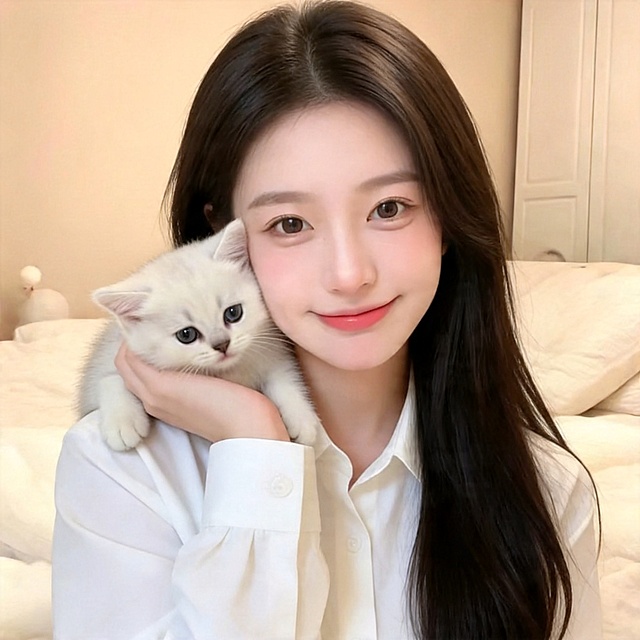 参考提供图片，保持相同动作：手托着银渐层小猫靠在肩膀，穿着白色衬衫，卧室暖调背景，黑色长直发，生成另一张全新不同长发美女的正方形头像，高清晰，精致五官，温柔甜妹妆容，人物和参考图中的人完全不同