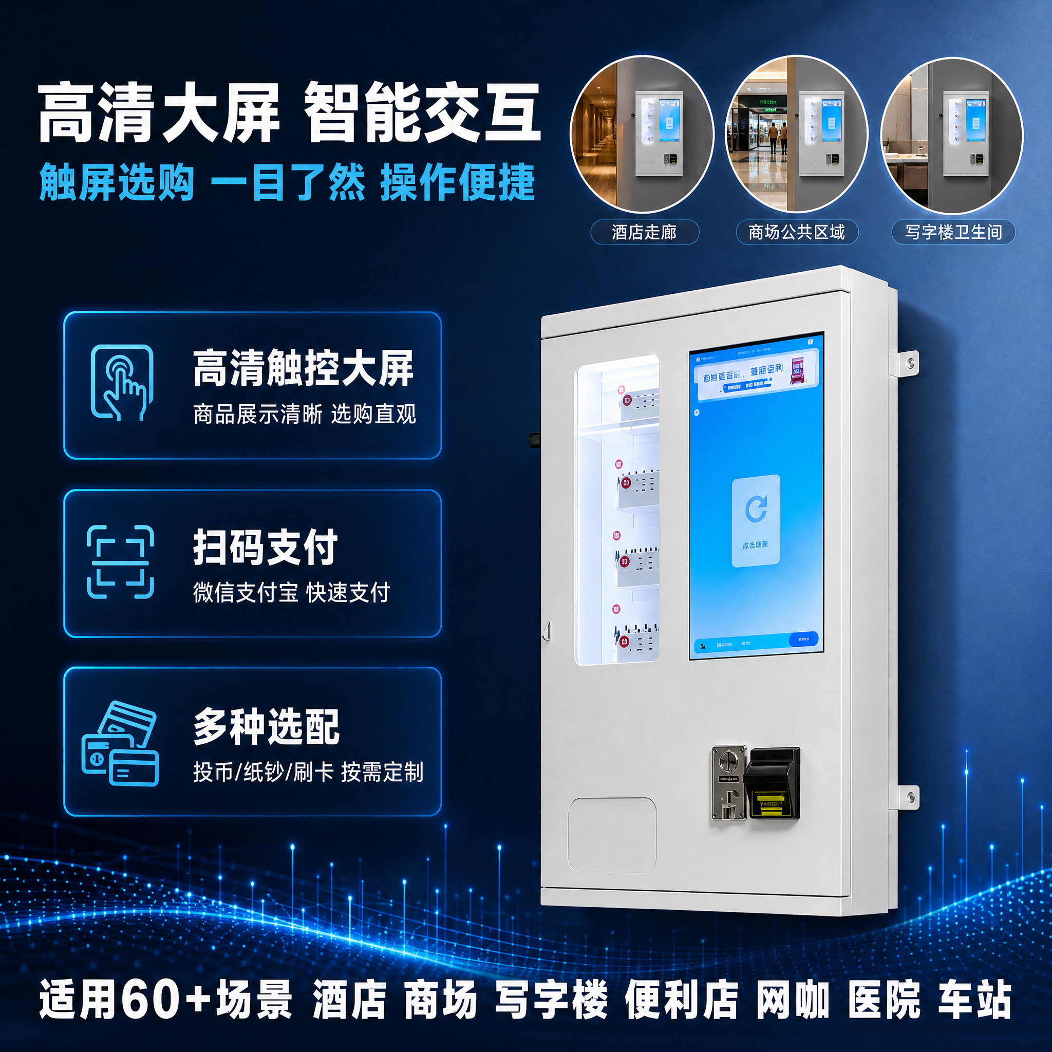 [主图-2] 壁挂式带屏售货机核心价值图，突出大屏与多支付方式… - 图片创意预览