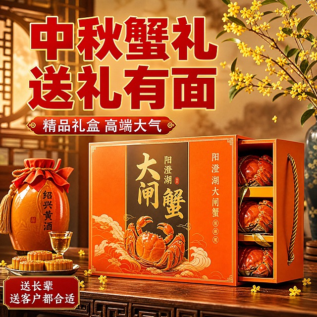 [主图-5] 大闸蟹中秋送礼礼盒场景图 突出礼盒装 送礼有面 拼多多爆款风格
[统一基调] 拼多多爆款大字风格 主色橙红+金黄 主标题粗黑体大字 辅助文案白色黑体 强调色金黄 背景暖色调 食欲感强 性价比氛围
[画面] 精美的大闸蟹礼盒放在中式玄关柜上 旁边搭配桂花枝 月饼 黄酒 营造中秋送礼氛围 礼盒打开一角 隐约可见里面的大闸蟹 整体高端大气 送礼感强
[光影质感] 暖黄室内灯光 柔和自然 礼盒质感高级 场景温馨喜庆 有节日氛围
[配色] 整体暖橙金黄调 主标题红色粗黑体 礼盒橙色突出 氛围喜庆
[文字版式] 上方大标题"中秋蟹礼 送礼有面" 下方小字"精品礼盒 高端大气" 左下角"送长辈送客户都合适" 文字放在画面上方和角落 不遮挡礼盒主体
[输出要求] 1:1正方形 2048x2048 文字清晰可读 产品清晰完整 禁止变形错字模糊杂乱水印平台Logo 禁止绝对化用语