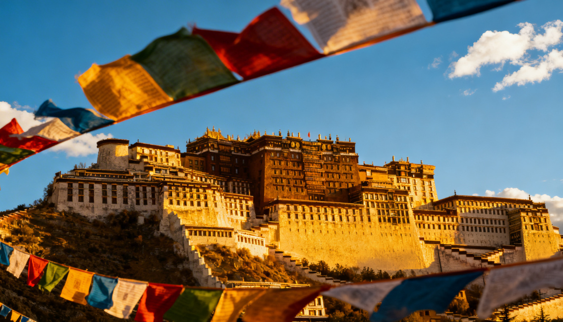 专业旅行摄影风格的西藏布达拉宫，金色阳光照射在建筑上，天空是澄澈的蓝天白云，色彩鲜艳的经幡在风中飘扬，画面通透有质感，超高清细节丰富，真实自然的旅行风光预览效果