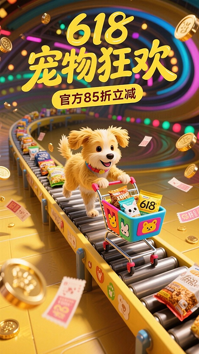 主标题“618 宠物狂欢”副标题“官方85折立减”，一条传送带从远处延伸出的，一个小狗推着装着狗粮猫粮的购物车走在传送带上，动作浮夸，四周飘着优惠券和金币，黄色渐变，背景是节日氛围的漩涡