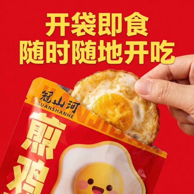 开袋即食煎鸡蛋拼多多主图，产品保持原图包装外观不变，一只手拿着撕开包装的煎鸡蛋展示，实物清晰可见，标题"开袋即食 随时随地开吃"，背景简洁红色，文字醒目，突出便捷性，风格接地气，符合拼多多平台用户偏好预览效果
