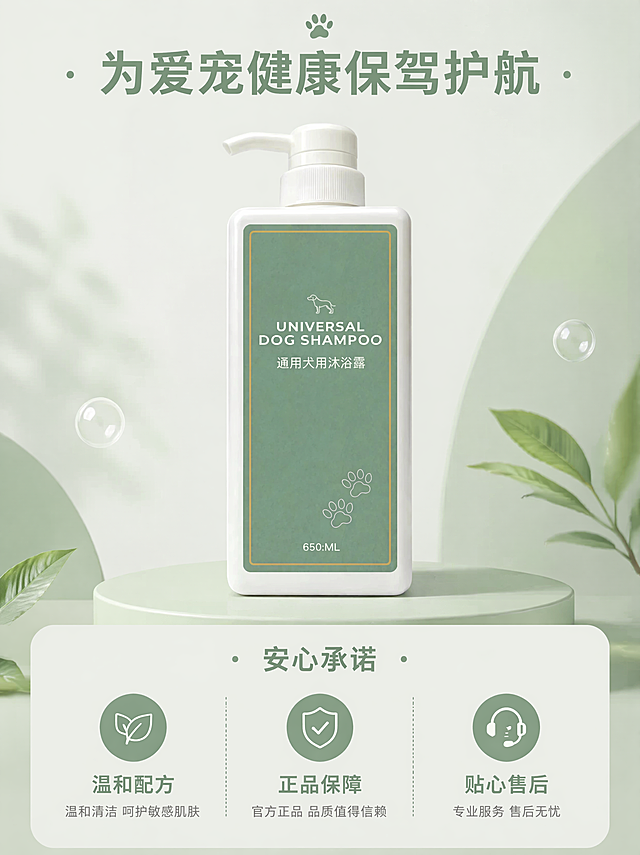 [第8屏] 通用犬用沐浴露服务收尾页，画面中心放沐浴露产品，底部展示服务承诺，保持产品原样。顶部标题「为爱宠健康保驾护航」，底部安心承诺：温和配方、正品保障、贴心售后。整体简约干净，莫兰迪绿调，风格统一。3:4竖版，4K清晰。负向提示：产品变形，文字混乱，背景杂乱