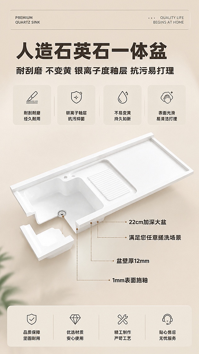 重新设计这张石英石一体盆详情页，高级简约奶油风。要求：1. 保留产品图和所有文字内容、尺寸标注不变；2. 所有字体加粗，使用简约现代无衬线粗体字；3. 背景底色加深为深奶油色/奶咖色，温暖有质感；4. 去掉右上角喇叭可爱图标和所有粉色可爱底纹；5. 添加高级奶油风详情页元素：顶部加简约标题栏，卖点用简约图标+文字卡片式排版，尺寸标注用精致引导线，底部加品质保障类图标区域；6. 整体风格高级大气，与主图奶油风适配，不要可爱风；7. 比例9:16，4K分辨率。