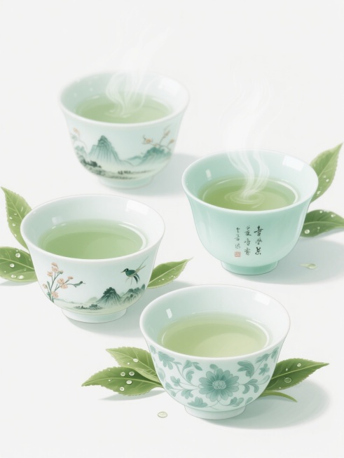淡雅中国风插画风格，四个不同样式的青瓷茶杯，杯身分别饰有山水、花鸟、书法、缠枝莲纹样，温润通透的白瓷底色，青绿色调清新雅致，柔和的光影效果，杯内盛有淡绿色茶汤，杯口飘散着袅袅热气，周围点缀着新鲜的翠绿茶叶，叶片上带有晶莹的露珠，整体构图疏密有致，营造出宁静自然的茶文化氛围，线条细腻流畅，色彩过渡柔和，具有传统工笔画的细腻质感和现代插画的简洁美感，背景为纯白色。预览效果