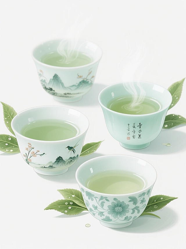 淡雅中国风插画风格，四个不同样式的青瓷茶杯，杯身分别饰有山水、花鸟、书法、缠枝莲纹样，温润通透的白瓷底色，青绿色调清新雅致，柔和的光影效果，杯内盛有淡绿色茶汤，杯口飘散着袅袅热气，周围点缀着新鲜的翠绿茶叶，叶片上带有晶莹的露珠，整体构图疏密有致，营造出宁静自然的茶文化氛围，线条细腻流畅，色彩过渡柔和，具有传统工笔画的细腻质感和现代插画的简洁美感，背景为纯白色。