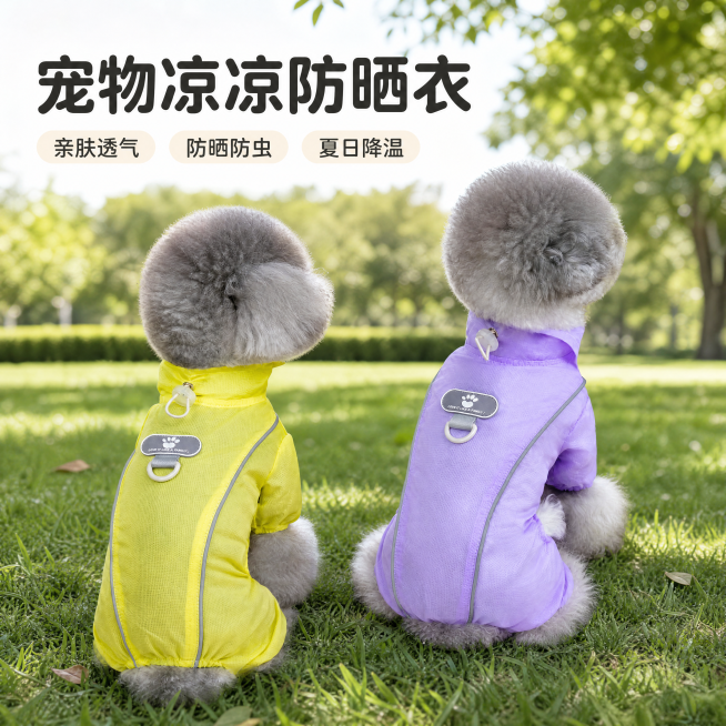 [主图-1] 宠物防晒衣情绪场景首图。[氛围风格] 户外公园自然清新风格；[画质] 商业摄影质感、光线柔和通透、产品清晰真实、画面干净高级。[元素] 两只灰色泰迪犬分别穿着黄色和紫色宠物防晒衣，保持产预览效果
