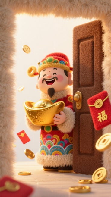 可爱财神微笑站在门口，侧着头探出半个头，手里捧着金元宝，身旁飘落金币和红包，门口温暖光线照射，明亮欢乐色彩，简洁背景，竖屏手机壁纸，超清晰，4K预览效果