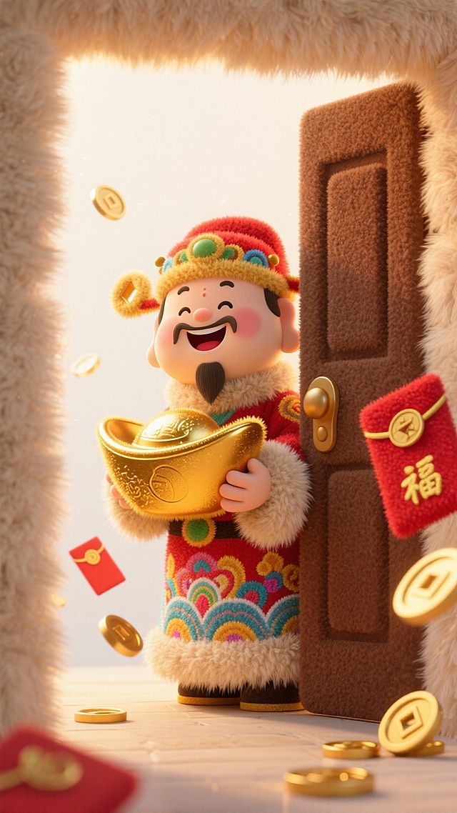 软3D风卡通财神，毛发生长质感，刺绣纹理服饰，喜庆红金配色，手持金元宝，红包金币纷飞，春节氛围浓厚。