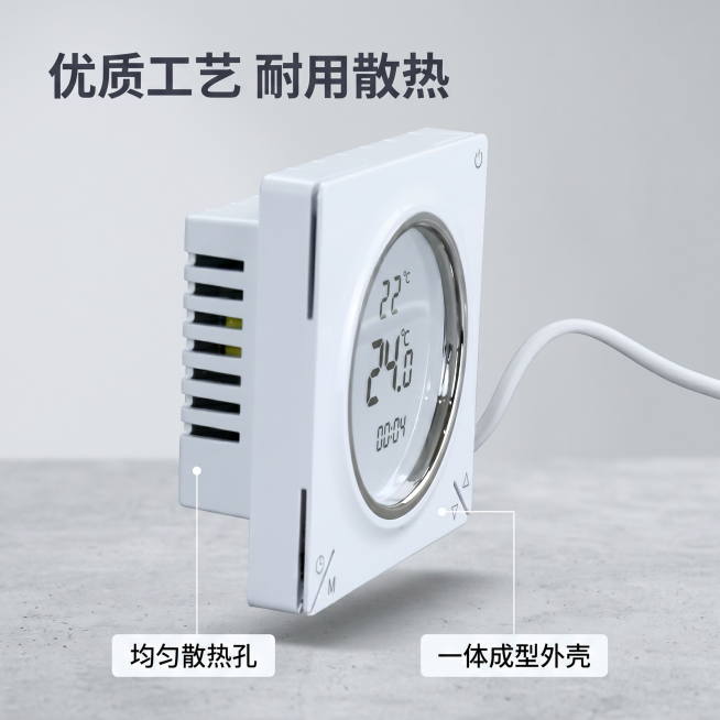 [主图-3] 水地暖温控面板侧面工艺细节展示
[氛围风格] 硬核质感，工艺展现
[画质] 商业摄影质感，光线柔和通透，产品清晰真实，画面干净高级。保持原产品外观、物理结构、材质质感、颜色与输入产品图绝预览效果