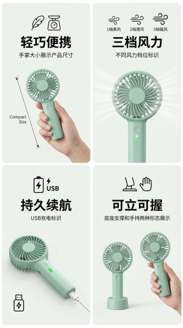 [便携式小风扇详情核心卖点模块] 四格排列展示四大核心卖点：1轻巧便携：手掌大小展示产品尺寸；2三档风力：不同风力档位标识；2持久续航：USB充电标识；4可立可握：底座支撑和手持两种形态展示。每个卖点预览效果