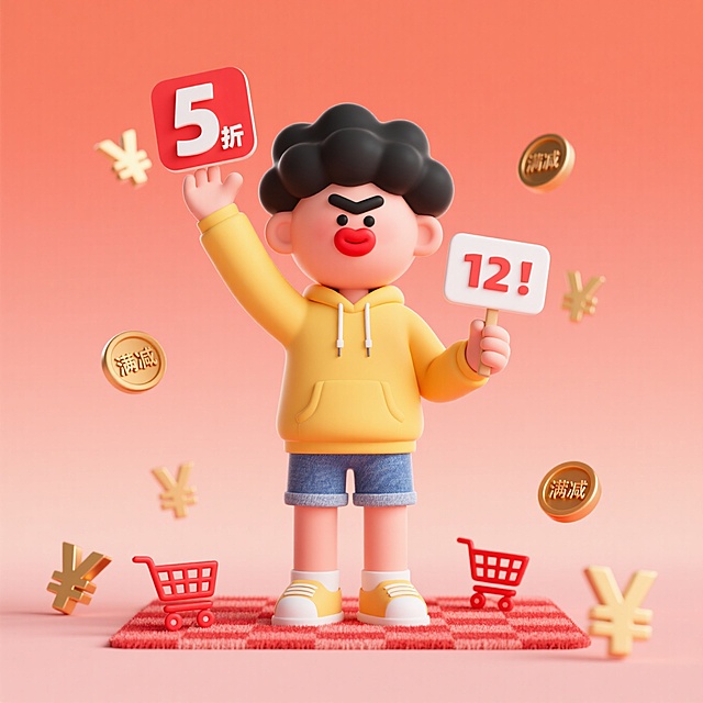 软3D粘土风卡通人物，手持折扣牌与购物车，搭配金币与符号，营造可爱促销氛围，适合节日营销场景。