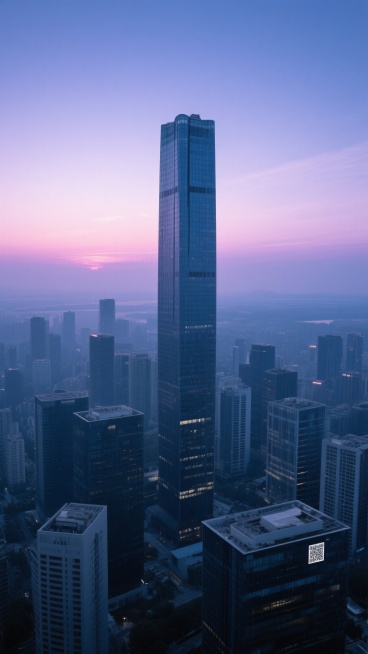 黎明时分的城市天际线全景，以冷调深蓝与紫色渐变的天空为背景，中央矗立着高耸的玻璃幕墙摩天大楼，周围环绕着形态各异的建筑群，采用俯瞰视角，建筑布局紧凑有序，远处地平线隐约可见，光线从天际线处透出柔和的粉紫色光晕，建筑物表面反射着清晨的微光，整体色调偏向清冷神秘，营造出宁静而现代的都市氛围，画面中不包含任何文字、二维码及标识信息。预览效果