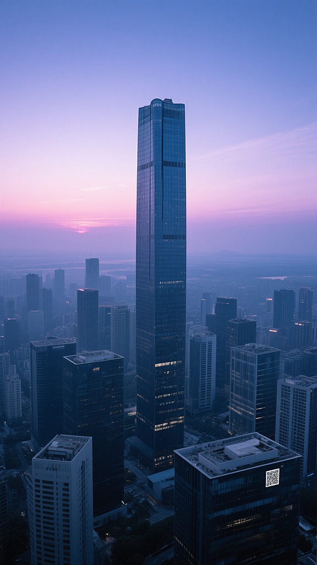 黎明时分的城市天际线全景，以冷调深蓝与紫色渐变的天空为背景，中央矗立着高耸的玻璃幕墙摩天大楼，周围环绕着形态各异的建筑群，采用俯瞰视角，建筑布局紧凑有序，远处地平线隐约可见，光线从天际线处透出柔和的粉紫色光晕，建筑物表面反射着清晨的微光，整体色调偏向清冷神秘，营造出宁静而现代的都市氛围，画面中不包含任何文字、二维码及标识信息。