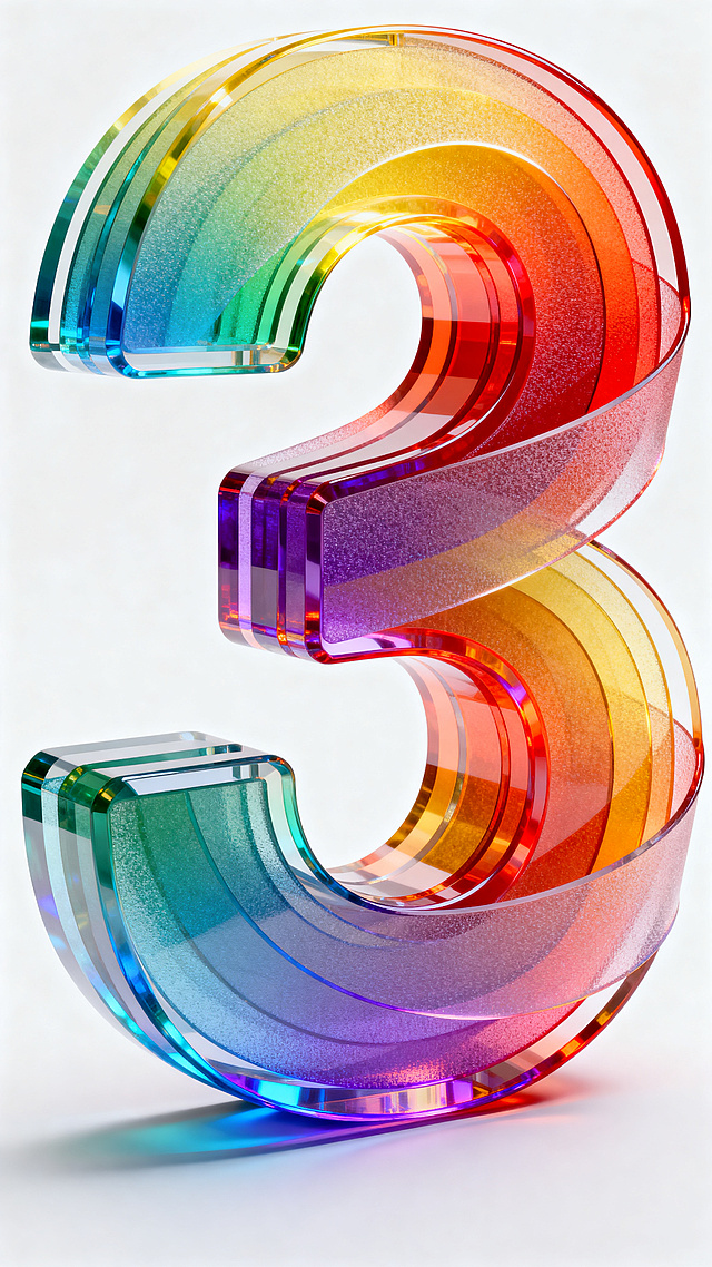 未来感与科技感交织的3D数字“3”，采用重拟物风与玻璃风设计，彩虹渐变色搭配霓虹灯效果，展现梦幻体积感，光影流动如液态水晶。