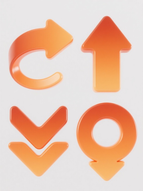 一组四个完全不同造型的橙色箭头元素系列素材集合，每个箭头均保持橙色渐变金属质感、光滑曲面、清晰轮廓和明亮高光的3D立体风格，箭头造型分别为：1. 向左的弯曲箭头，2. 向上的直角箭头，3. 向右的双箭头，4. 向下的箭头与圆形组合图标，所有箭头规整排布在纯白色纯色背景上，整体构图平衡对称，视觉效果统一且具有系列感。预览效果