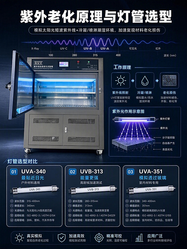 [商品] 使用【图1】QUV紫外线加速老化试验箱开门内部紫外灯亮图；保留内部紫外灯管、不锈钢内胆、样品架、蓝色箱门、控制面板，重点展示灯管发光状态。
[画面] 目标：讲解工作原理与灯管选型知识。版式：上半部分机理示意（紫外光波路径+材料老化示意），下半部分3种灯管选型对比卡片。产品位于左侧中部，右侧和下方为原理说明和灯管对比。背景为深色科技感，带紫外光谱波形图装饰。
[视觉] 套系策略：风格=深色工业科技风，专业严谨商业摄影；标题字=粗黑无衬线工业字体；正文字=简洁无衬线体；主色=深灰蓝+金属银灰；背景延展=深蓝灰渐变+细腻金属拉丝纹理+科技网格线；强调色=紫外蓝（#00BFFF），仅用于小面积图标、引线、光效和标签高亮；标题色=纯白；正文色=浅灰蓝；组件=圆角金属质感信息卡、细蓝线引线、胶囊形卖点标签；光影=左前侧冷硬光+内部紫外蓝光自发光。
[文字] 顶部标题"紫外老化原理与灯管选型"，原理区文字："模拟太阳光短波紫外线+冷凝/喷淋潮湿环境，加速复现材料老化损伤"。下方3张灯管卡片横排：1."UVA-340 最贴近日光 户外材料通用" 2."UVB-313 能量更强 高耐候加速测试" 3."UVA-351 模拟透过玻璃 室内材料专用"，每卡配灯管示意图标，文字横排。
[规格] 比例3:4竖版（宽750高1000），分辨率4K，quality=medium，负向提示：避免文字竖排、设备变形、虚构结构、错字、卡通风格。