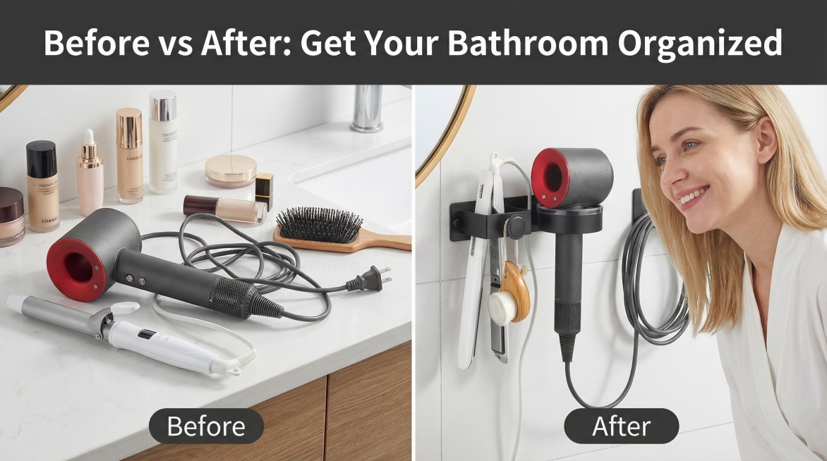 Split-screen comparison image: on the left, a cluttered bathroom counter with hair dryer and curling预览效果