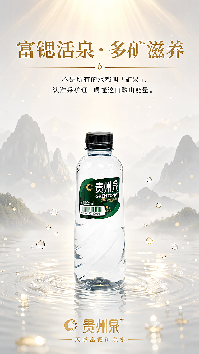 [小瓶第9屏 品牌收口] 贵州泉饮用天然矿泉水365ml小瓶装详情页第九屏-品牌压底行动号召。本屏使用小瓶产品图作为画面核心产品，保持瓶身圆润造型、黑色瓶盖、绿色盾形标签、365ml规格、Sr富锶矿泉标识与原图完全一致。
[氛围/风格] 轻盈轻奢风，品牌感强，清透收尾，行动号召，高级质感。
[元素布局] 产品瓶身置于画面中央偏下，占比约40%，轻立在水面涟漪之上，周围有水珠和金色光粒子漂浮；背景是淡淡水墨喀斯特山影，顶部有柔和金色光束洒下；画面上方是主标题和副标；底部是品牌落款；整体居中对称，清透大气。
[光影质感] 顶部柔和金色光束打下，产品有光晕；山影层次淡而远；水面有金色反光；整体明亮通透，品牌感强。
[配色色系] 底色浅灰白至浅灰渐变#F0F0F0至#E0E0E0；金色#D4A017主点缀；山影极淡灰#D0D0D0；产品透明。
[视角构图] 正面居中，产品为视觉中心；阅读动线：顶部主标→中央产品→底部品牌。
[文字版式] 顶部主标题「富锶活泉·多矿滋养」超大金色字；副标题/行动指令「不是所有的水都叫『矿泉』，认准采矿证，喝懂这口黔山能量。」深灰小字；底部品牌落款「贵州泉·天然富锶矿泉水」金色字+品牌LOGO；文字居中对齐，大气有力。
[比例分辨率] 9:16竖版比例，4K分辨率，文字清晰可辨，高清画质。
[负向提示词] 瓶身变形，缺件错件，标签文字错乱，文字模糊，水印，画面杂乱，颜色偏差，按钮出现，诱导点击，背景过暗。