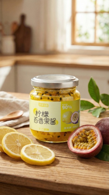 将图片2中的包装印在图片1中，图片1中果酱颜色偏黄预览效果