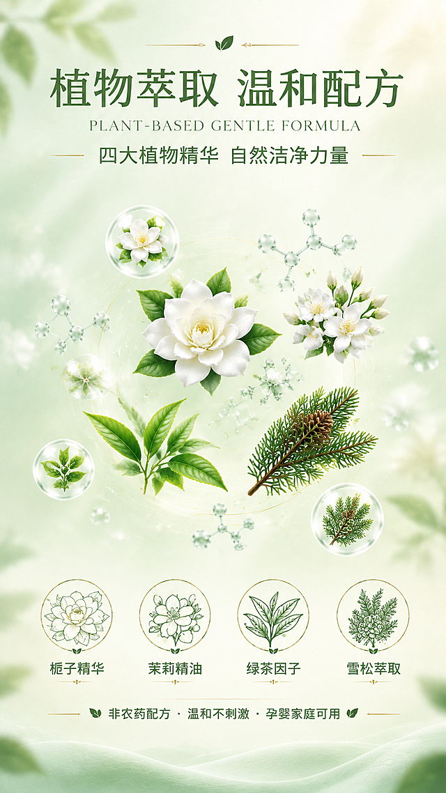 [画面] 目标：植物萃取页，高端香氛杂志风，精致高级不杂乱，中间主体缩小，用分子结构和小植物元素表现，特效自然克制。构图：顶部主标题+英文副标题，中部为分散式的小分子结构气泡+小型植物元素（小栀子花、小茉莉花、茶叶、雪松枝），元素轻盈分散不堆叠，周围有柔和的分子结构线稿漂浮；底部四个圆形线稿图标对应四款植物精华；背景为浅薄荷绿到奶白的柔和渐变，有细腻光斑和植物剪影，整体通透有呼吸感，像高端香氛成分页。
[视觉] 风格=高端香氛杂志风，精致高级；标题字=思源黑体细体+粗体组合；正文字=思源黑体轻量体；主色=浅薄荷绿+奶白色；背景延展=浅薄荷绿到奶白柔和渐变、细腻光斑、哑光高级质感、底部柔和绿色曲线；强调色=深墨绿+金棕色（仅用于装饰线和图标边框）；标题色=深墨绿；正文色=中灰绿；组件=小型植物元素（分散不堆叠）、透明小分子气泡、分子结构线稿、底部圆形线稿图标、细金线分隔、植物线稿装饰；光影=柔和漫射光，元素有轻微通透发光效果，自然不夸张。
[文字] 顶部主标题"植物萃取 温和配方"，英文副标题"PLANT-BASED GENTLE FORMULA"；副标题"四大植物精华 自然洁净力量"；底部四个图标标签："栀子精华"、"茉莉精油"、"绿茶因子"、"雪松萃取"；底部细金线信息条"非农药配方 · 温和不刺激 · 孕婴家庭可用"；所有文字横排，字号精致有层次，大量留白显高级。
[规格] 图片比例9:16竖版，4K，负向提示：避免变形、错字、文字过小、大朵花堆叠、拥挤杂乱、夸张特效、大水泡、漂浮叶子、医疗化表述、冷蓝/蓝灰背景、绝对化用语、廉价感。